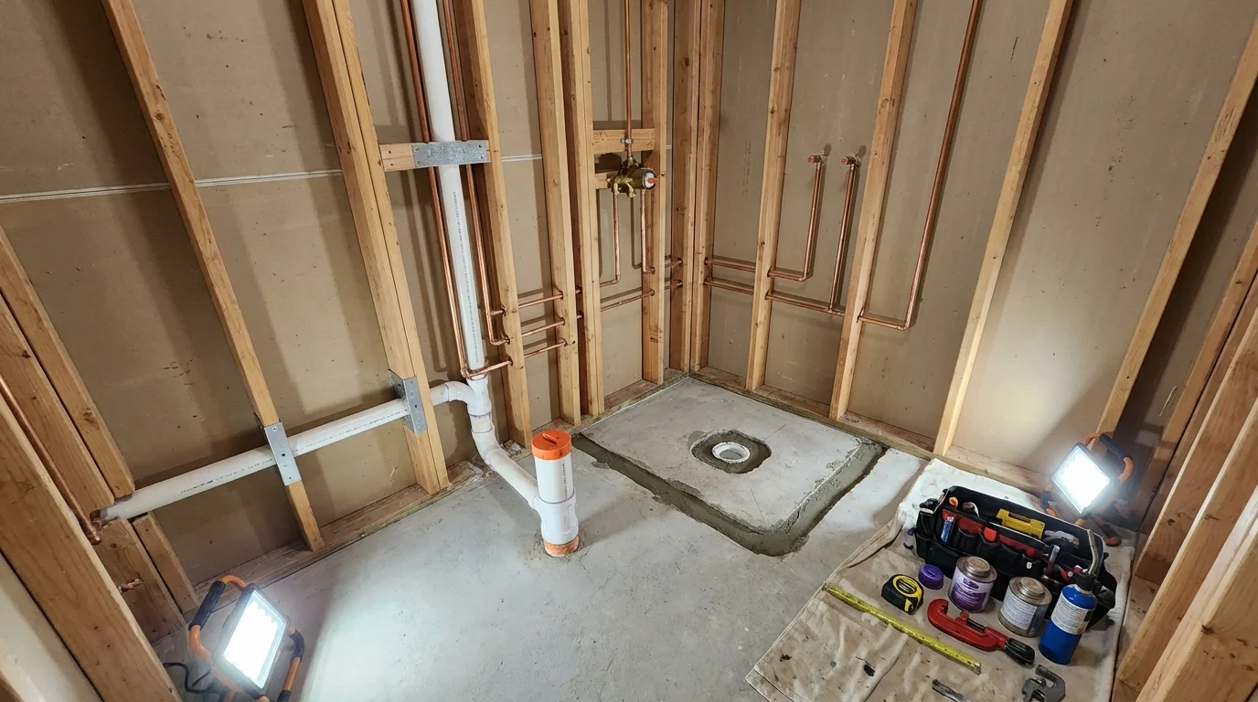 Bathroom rough-in plumbing during remodel by Johns Plumbing LLC in Kasson
