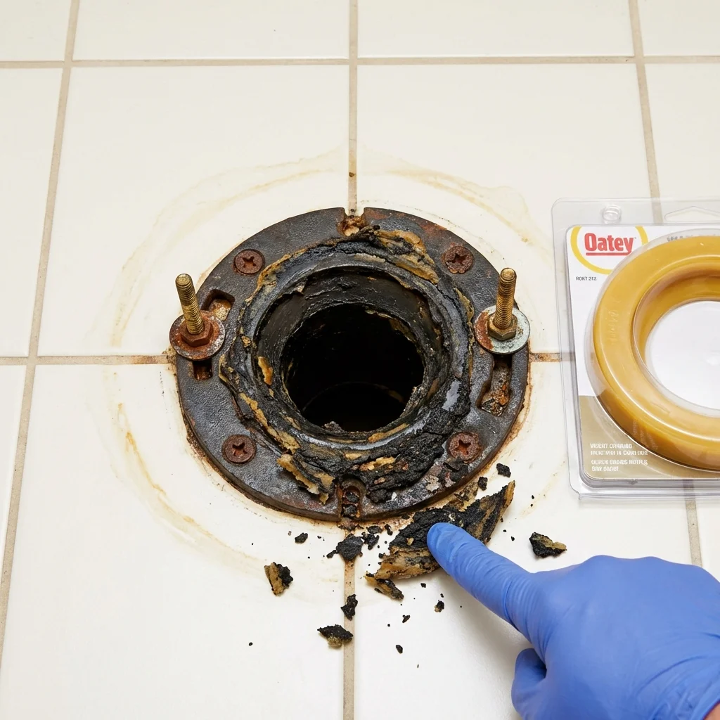 Failed wax ring showing water seepage at the base of a toilet in a Kasson, MN home