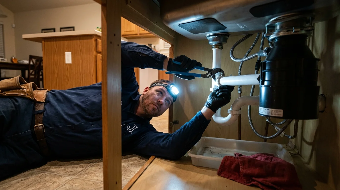 P-trap and supply line connections under a kitchen sink showing a common leak point in Kasson, MN